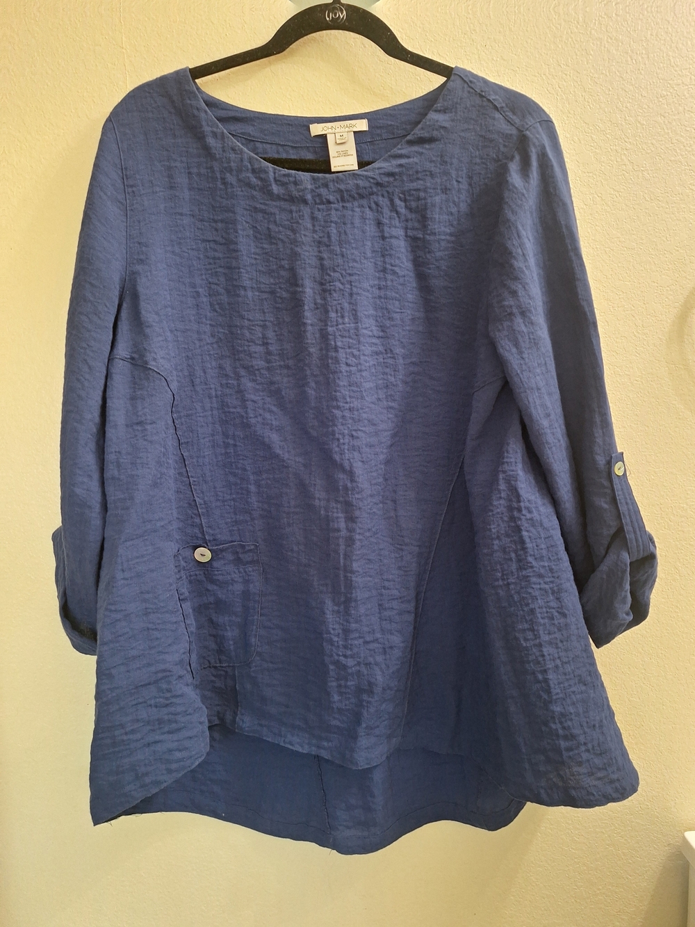 John Mark Asymmetric Linen Blend Roll-Tab Sleeve Tunic Blouse, Medium